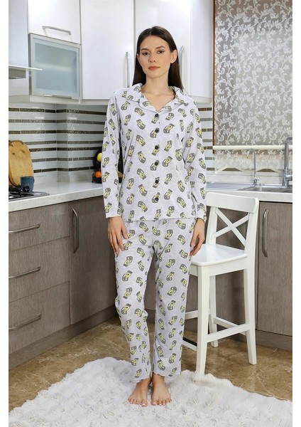 Moda Kadın Pamuk Penye Önden Düğmeli Uzun Kol Pijama Takım Gri