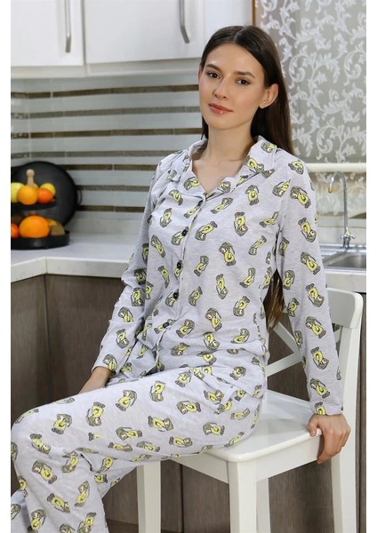 Moda Kadın Pamuk Penye Önden Düğmeli Uzun Kol Pijama Takım Gri modelleri