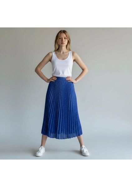 Deri Görünümlü Taş Detaylı Pileli Pamuklu Dokuma Viskon 4 Mevsim Etek(95 Cm)-(38-50)