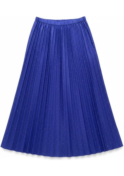 Deri Görünümlü Taş Detaylı Pileli Pamuklu Dokuma Viskon 4 Mevsim Etek(95 Cm)-(38-50) modelleri