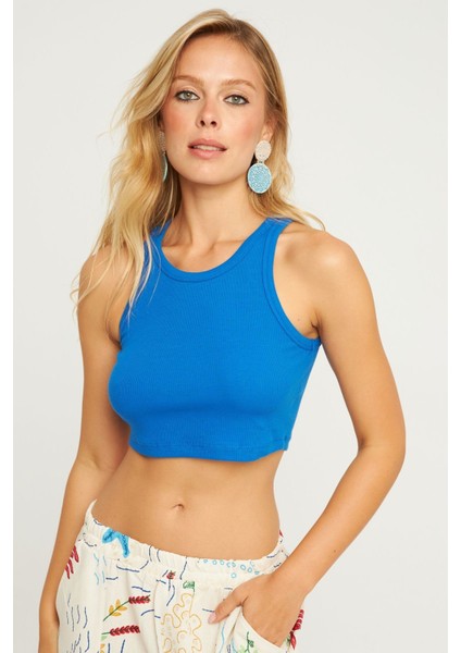 Kadın Bisiklet Yaka Fitilli Pamuk Kalın Askılı Spor Şık Crop Top Büstiyer Bluz