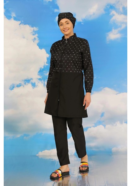 Moda Kadın Pantolonlu Desenli Tam Tesettür Mayo Siyah