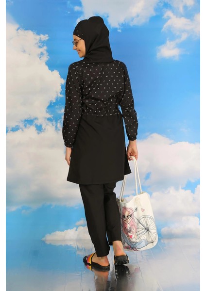 Moda Kadın Pantolonlu Desenli Tam Tesettür Mayo Siyah indirimleri