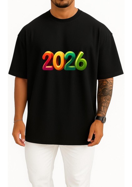 Oversize 2026 Yılbaşı Göğüs Tasarımlı Unisex T-Shirt