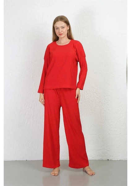 Moda Kadın Bürümcük Kumaş Pijama Takım Kırmızı