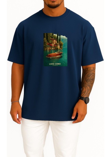 Oversize Lake Como Italya Göğüs Tasarımlı Unisex T-Shirt