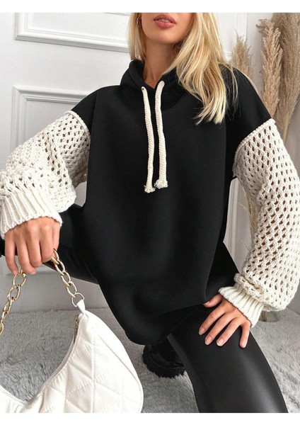 Kadın Kolları Triko Oversize Curve Tasarım Siyah Sweatshirt fırsatları