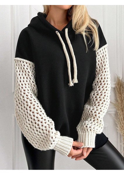 Kadın Kolları Triko Oversize Curve Tasarım Siyah Sweatshirt indirimleri