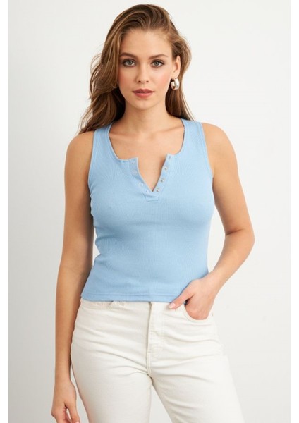 Kadın Kare Yaka Kalın Askılı Önden Çıtçıtlı Yazlık Crop Top Şık Bluz fiyatları