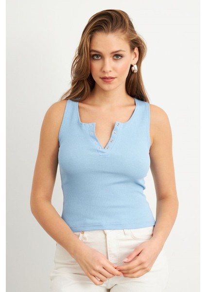 Kadın Kare Yaka Kalın Askılı Önden Çıtçıtlı Yazlık Crop Top Şık Bluz modelleri