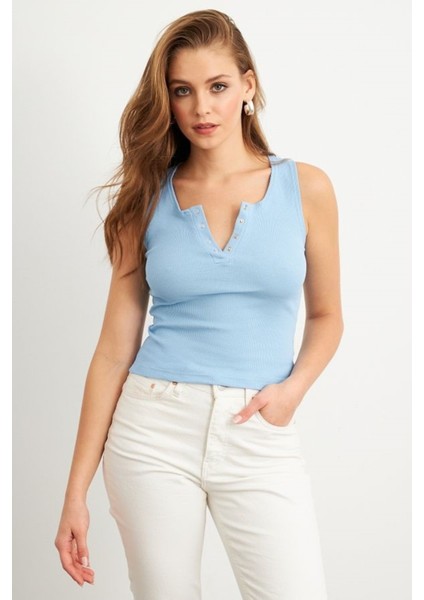Kadın Kare Yaka Kalın Askılı Önden Çıtçıtlı Yazlık Crop Top Şık Bluz fırsatları