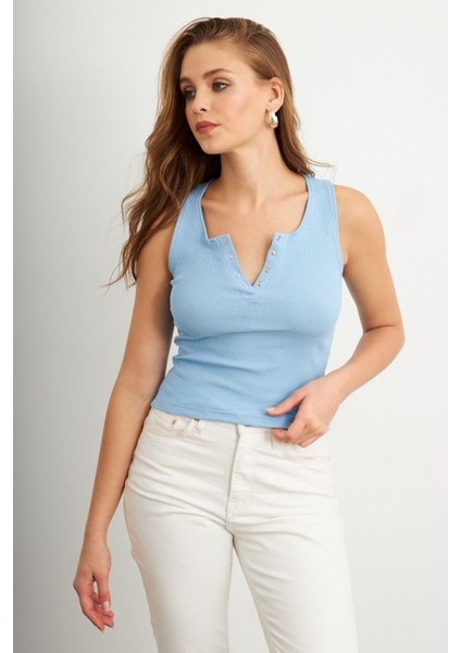 Kadın Kare Yaka Kalın Askılı Önden Çıtçıtlı Yazlık Crop Top Şık Bluz indirimleri