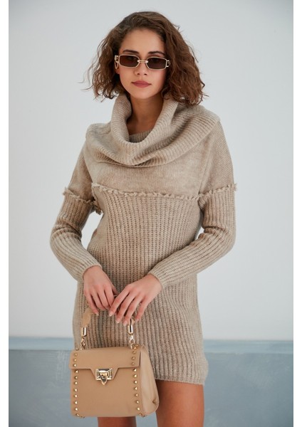 Kadın Degaje Yaka Saçak Detaylı Spor Şık Kahverengi Triko Tunik Bluz fiyatları