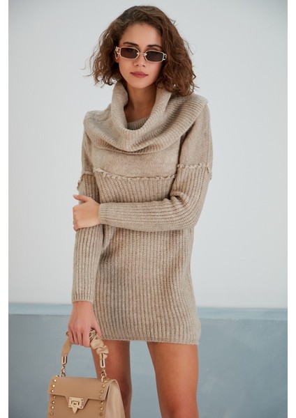 Kadın Degaje Yaka Saçak Detaylı Spor Şık Kahverengi Triko Tunik Bluz modelleri