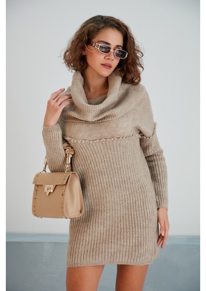 Kadın Degaje Yaka Saçak Detaylı Spor Şık Kahverengi Triko Tunik Bluz fırsatları