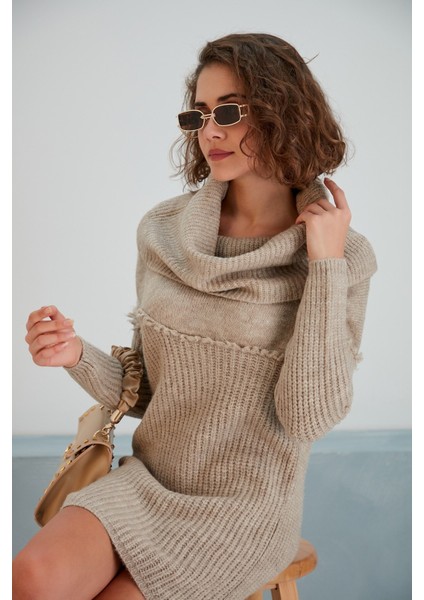 Kadın Degaje Yaka Saçak Detaylı Spor Şık Kahverengi Triko Tunik Bluz indirimleri