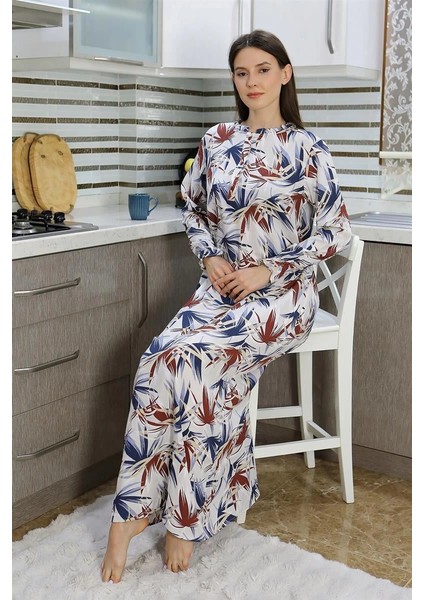 Moda Kadın Uzun Kol Penye Gecelik Ev Elbisesi Krem