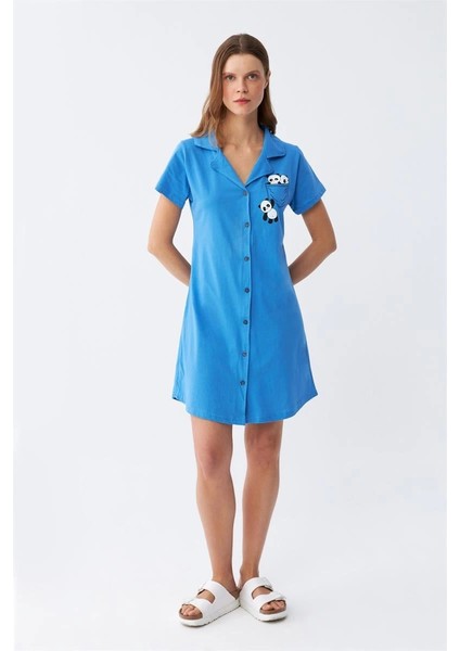 Moda Kadın Pamuk Penye Kısa Kol Düğmeli Mavi Tunik Gecelik fiyatları