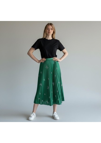 Deri Görünümlü Kelebek ve Taş Detaylı Pileli Pamuklu Dokuma Viskon 4 Mevsim Etek(95 Cm)-(38-50)