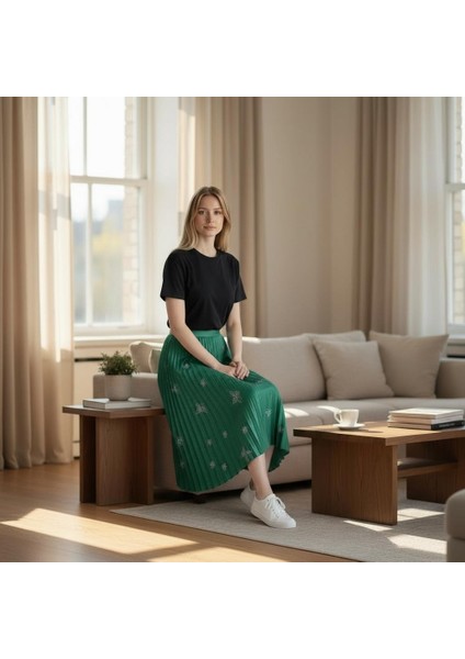 Deri Görünümlü Kelebek ve Taş Detaylı Pileli Pamuklu Dokuma Viskon 4 Mevsim Etek(95 Cm)-(38-50) fiyatları