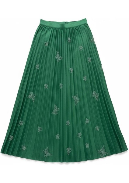 Deri Görünümlü Kelebek ve Taş Detaylı Pileli Pamuklu Dokuma Viskon 4 Mevsim Etek(95 Cm)-(38-50) modelleri