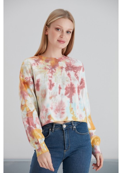 Kadın Batik Desen Crop Boy Sarı Pembe Bej Triko Kazak fiyatları