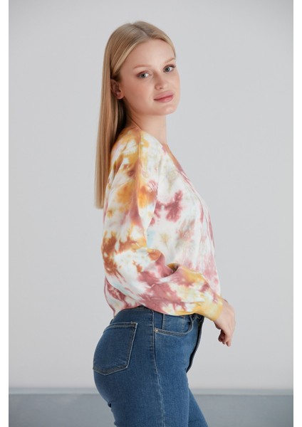 Kadın Batik Desen Crop Boy Sarı Pembe Bej Triko Kazak modelleri