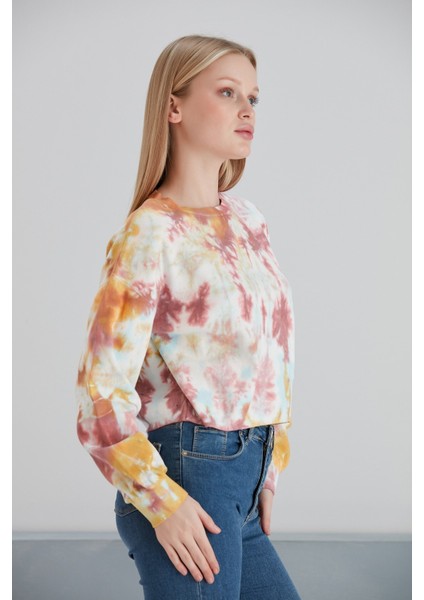 Kadın Batik Desen Crop Boy Sarı Pembe Bej Triko Kazak fırsatları