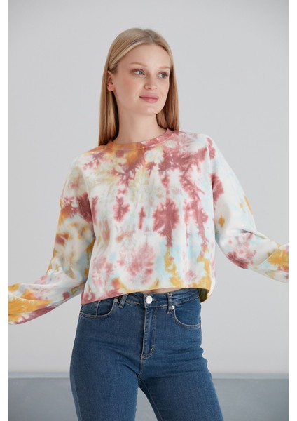 Kadın Batik Desen Crop Boy Sarı Pembe Bej Triko Kazak indirimleri