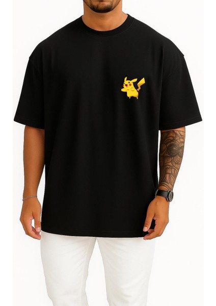 Oversize Pikachu Cep Baskılı Unisex T-Shirt