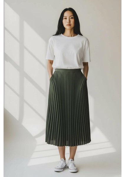 Pileli Pamuklu Dokuma Viskon 4 Mevsim Etek(95 Cm)-(38-48)