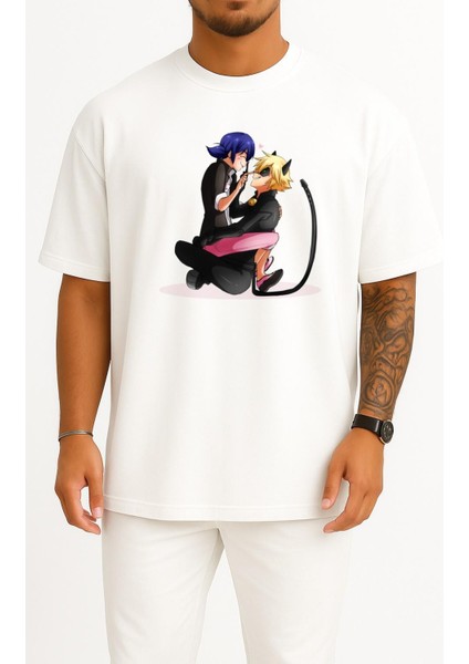 Oversize Adrien Agreste Marinette Dupain Göğüs Tasarımlı Unisex T-Shirt