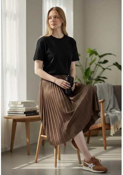 Deri Görünümlü Pileli Pamuklu Dokuma Viskon 4 Mevsim Etek(95 Cm)-(38-48)