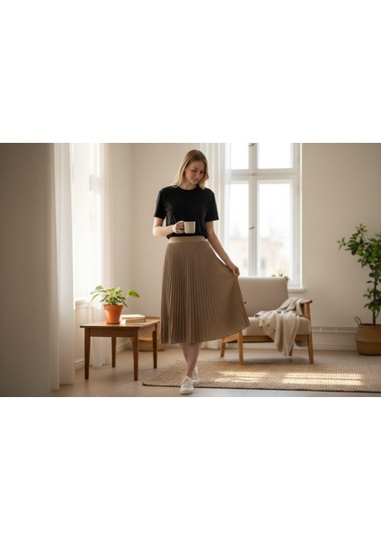 Deri Görünümlü Pileli Pamuklu Dokuma Viskon 4 Mevsim Etek(95 Cm)-(38-48) fiyatları