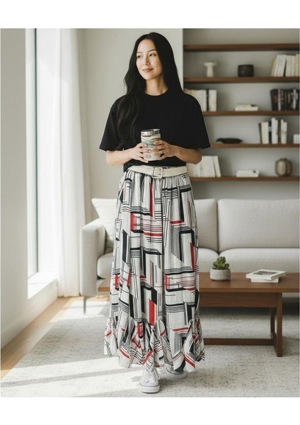 Bohem Şifon Kemerli Beli Lastikli Etek(95 Cm)-(38-50)