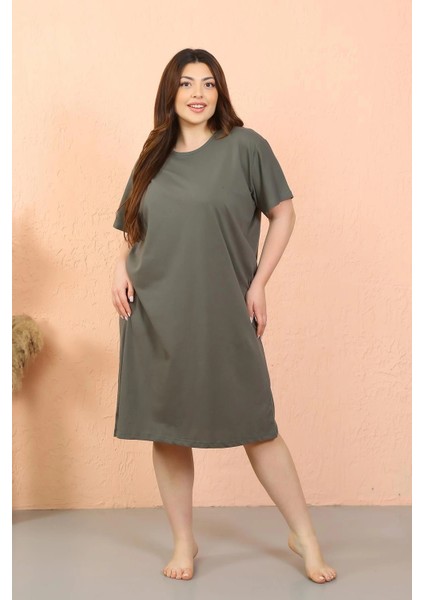 Moda Kadın Büyük Beden Penye Kısa Kol Haki Gecelik