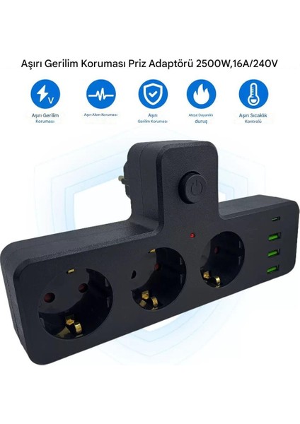2500W Akım Korumalı 3 Prizli,3'lü Priz, 3x Usb,1x Type-C Giriş ve 1 Type-C Pd 20W Bağlantılı Duvar Tipi Priz