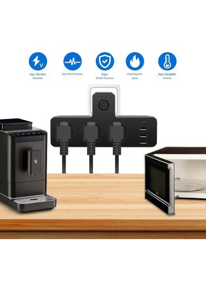 2500W Akım Korumalı 3 Prizli,3'lü Priz, 3x Usb,1x Type-C Giriş ve 1 Type-C Pd 20W Bağlantılı Duvar Tipi Priz