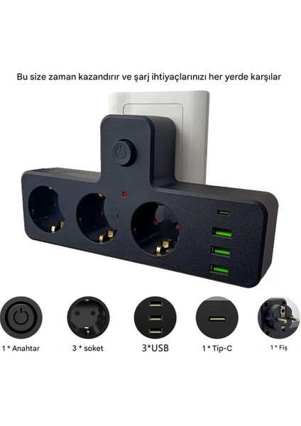 2500W Akım Korumalı 3 Prizli,3'lü Priz, 3x Usb,1x Type-C Giriş ve 1 Type-C Pd 20W Bağlantılı Duvar Tipi Priz