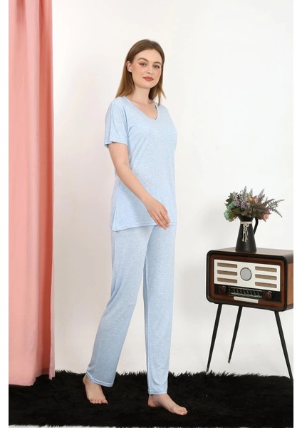 Moda Kadın Kısa Kol Pamuk Penye Pijama Takım Mavi