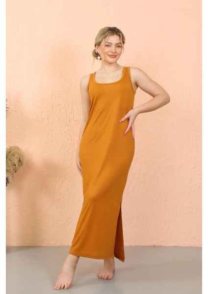 Moda Kadın Kalın Askılı Yırtmaçlı Uzun Hardal Gecelik