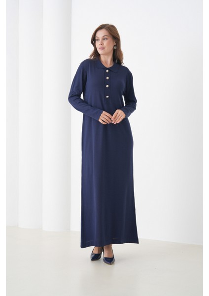 Kadın Uzun Kol Gömlek Yaka Triko Önden Düğmeli Triko Spor Şık Elbise