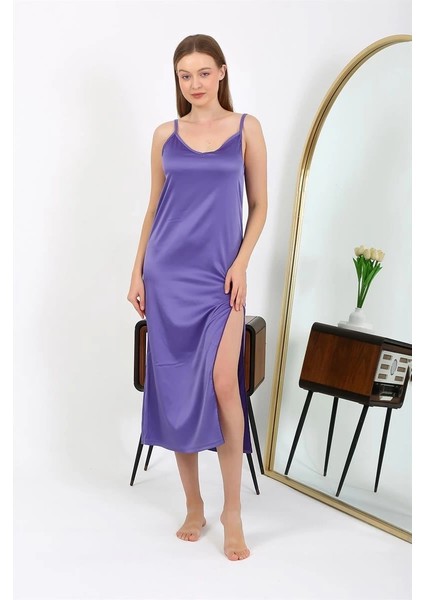Moda Yırtmaçlı Uzun Saten Gecelik Mor fiyatları