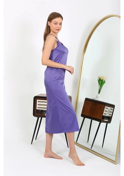 Moda Yırtmaçlı Uzun Saten Gecelik Mor fırsatları