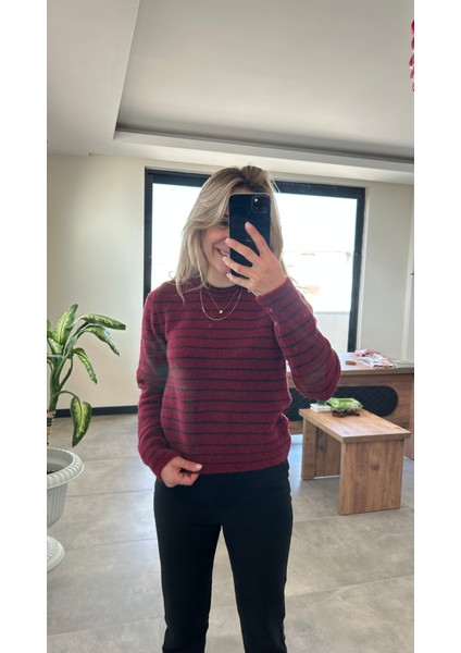 Bordo Çizgili Kazak