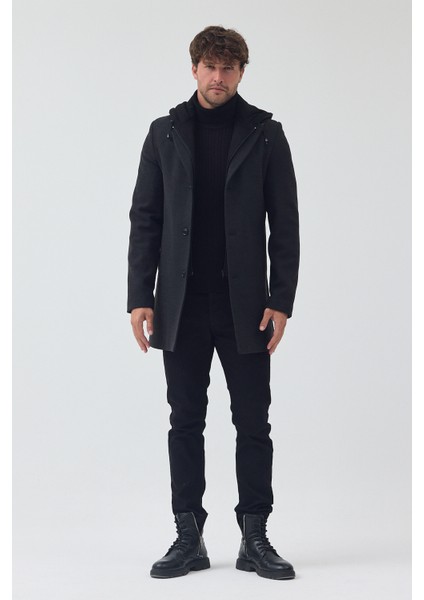 Erkek Standart Kalıp Fermuarlı Yarım Kapitone Kapüşonlu Kaşe Kaban