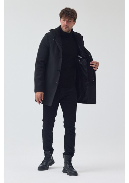 Erkek Standart Kalıp Fermuarlı Yarım Kapitone Kapüşonlu Kaşe Kaban fiyatları