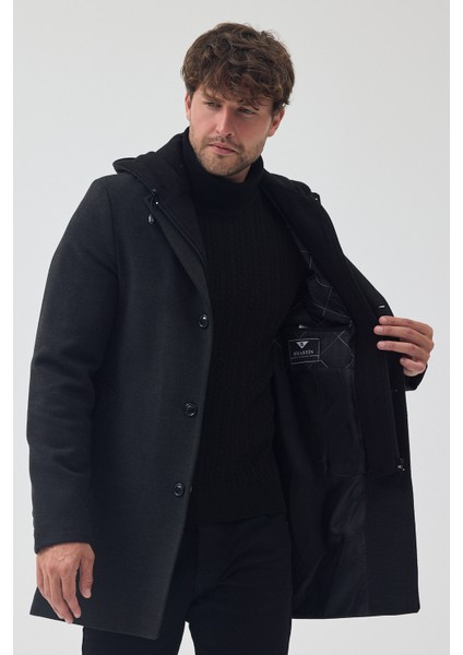 Erkek Standart Kalıp Fermuarlı Yarım Kapitone Kapüşonlu Kaşe Kaban modelleri