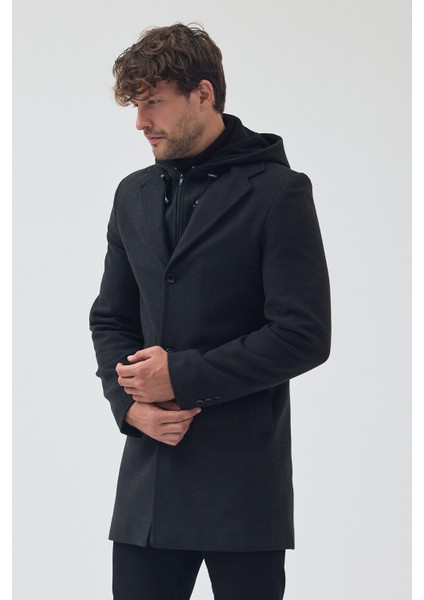 Erkek Standart Kalıp Fermuarlı Yarım Kapitone Kapüşonlu Kaşe Kaban indirimleri