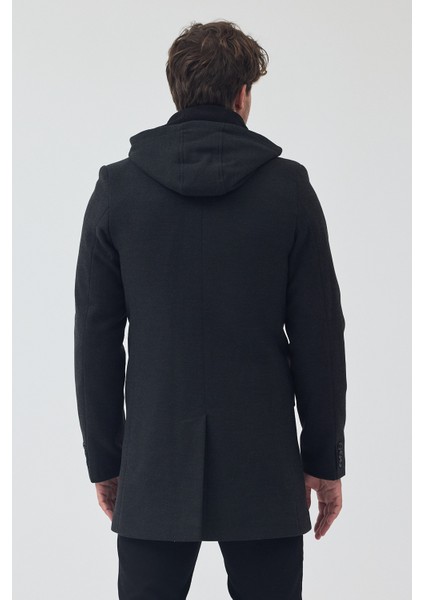 Erkek Standart Kalıp Fermuarlı Yarım Kapitone Kapüşonlu Kaşe Kaban